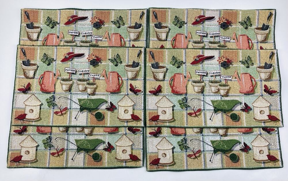 Placemats Set 6 Herb Garden Theme Bird Butterflies Red Hat Park B Smith Tapestry